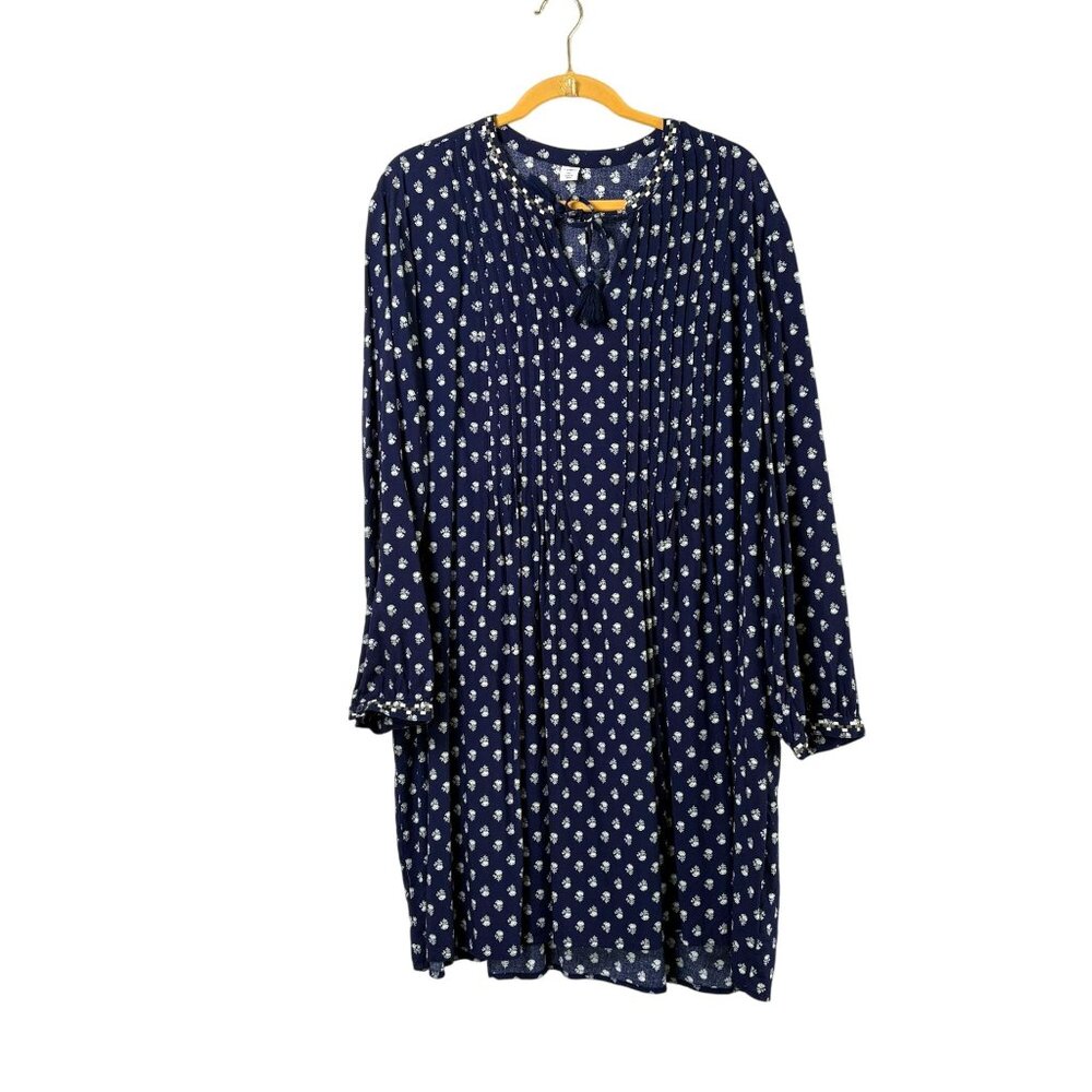 Old Navy Pleated Tassel Dress Size XXL 2XL Navy Green Floral Long Sleeve Boho